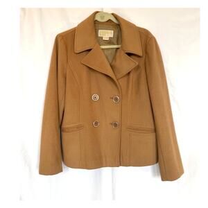 Michael Kors Short Crop Wool Camel Double Breasted Pea Coat, 12